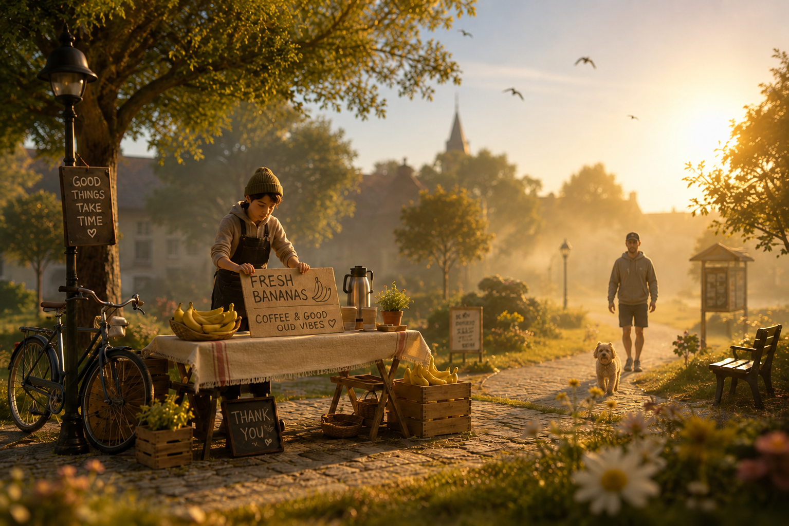 Golden morning in a quiet park: a young founder in a beanie adjusts a 'Fresh Bananas' sign on a small wooden stand beside a bicycle, while a passer-by with a small dog walks along a sunlit cobblestone path toward the stand.