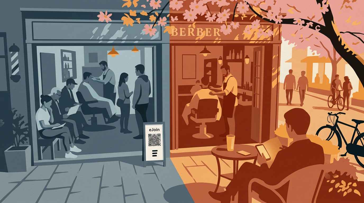 Editorial illustration of a neighborhood barber shop in two tones: a cool-blue queue waits inside on the left while a warm, relaxed guest sits at a café table on the right glancing at a softly glowing phone — an eJoin QR stand at the threshold.