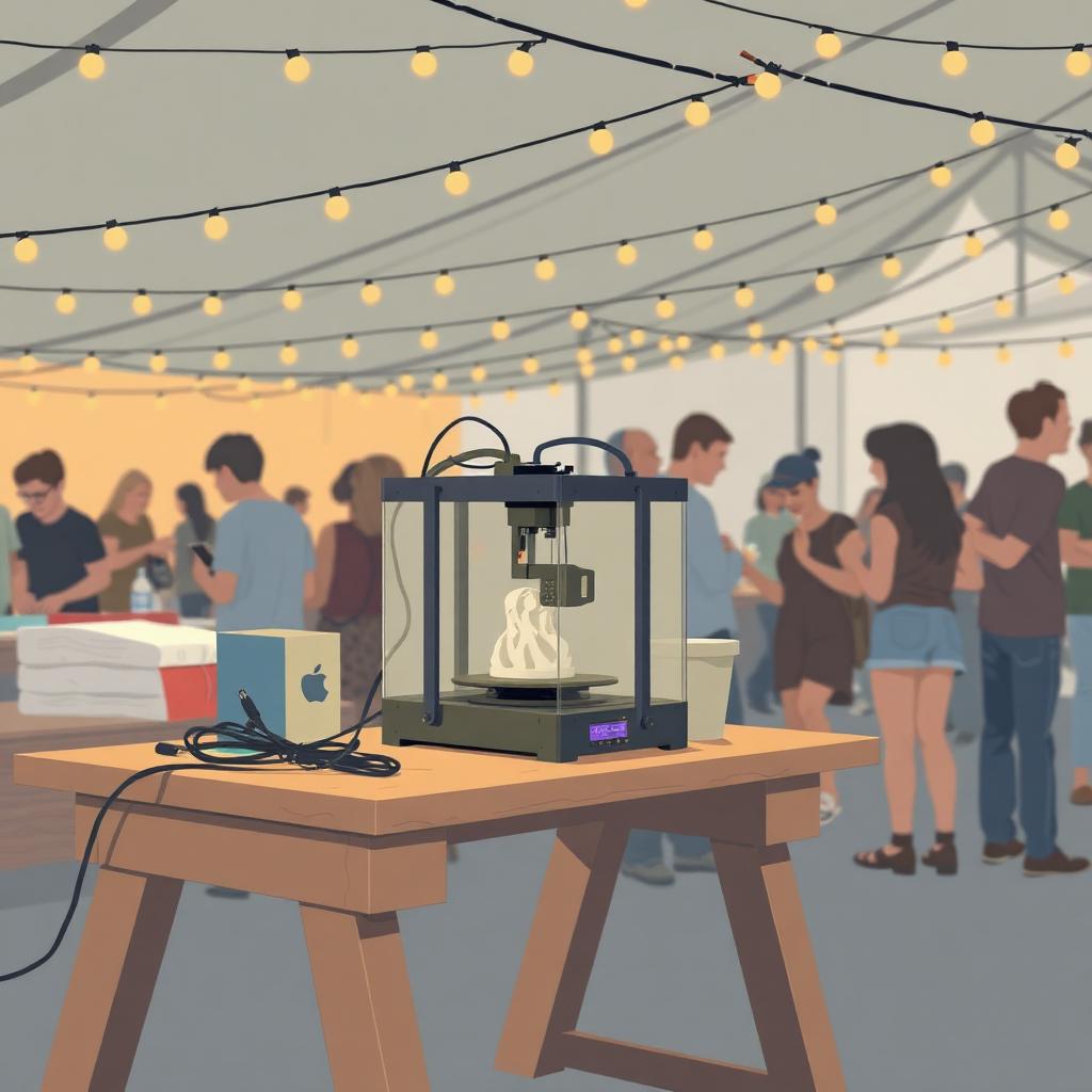 A 3D printer running on a wooden table at a festival makerspace, with relaxed people nearby waiting their turn